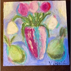 Hand painted Tulips and Pear still life Painting Oil and Encaustic8”x8”Original
